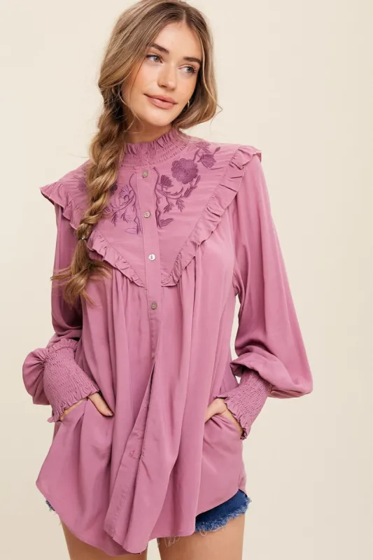 Mauve Flower Embroidered Ruffle Button Down Top sold by Pinkblush