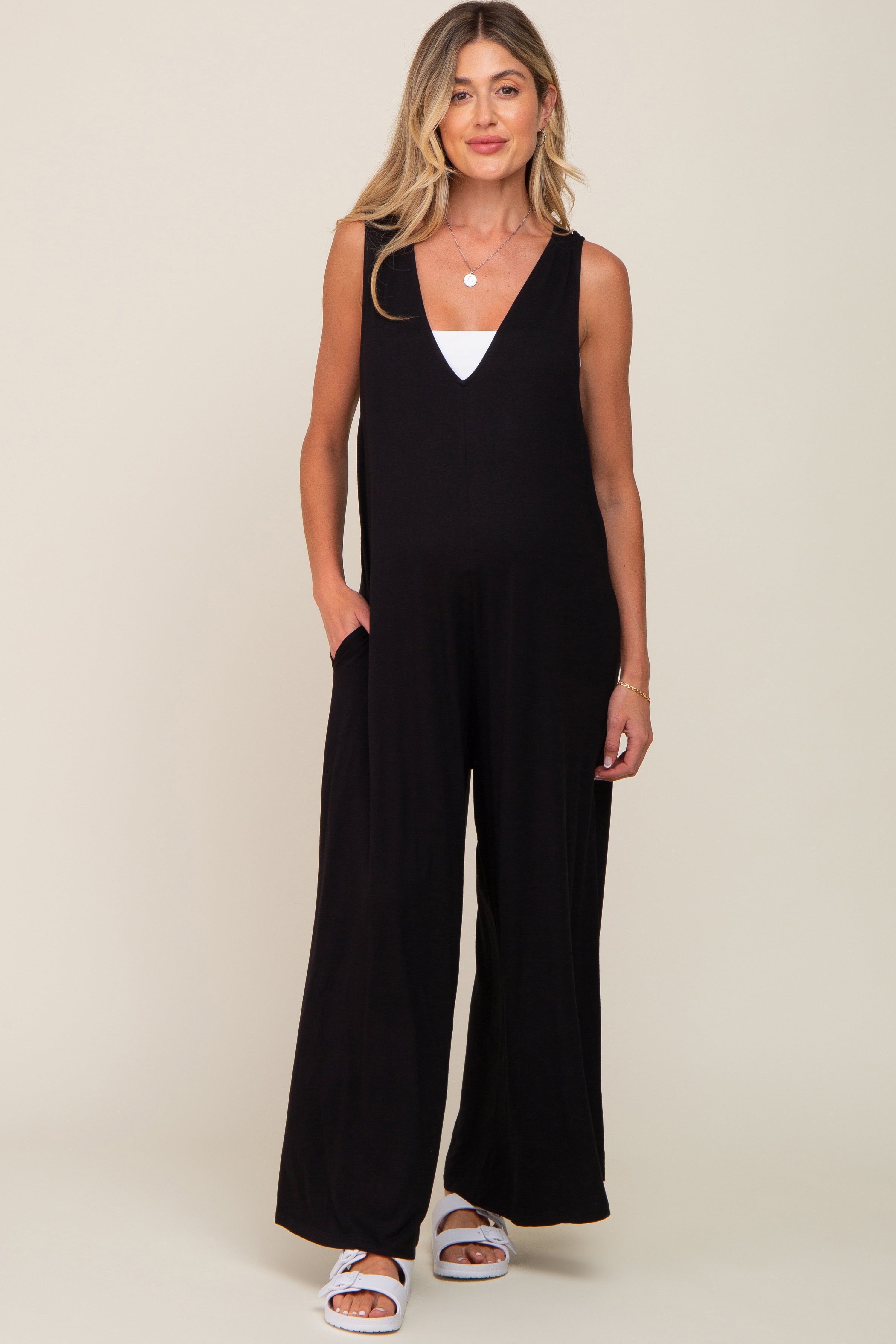 Black Deep V Sleeveless Wide Leg Maternity Jumpsuit sold by Pinkblush product image thumbnail 4