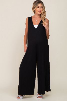 Black Deep V Sleeveless Wide Leg Maternity Jumpsuit sold by Pinkblush