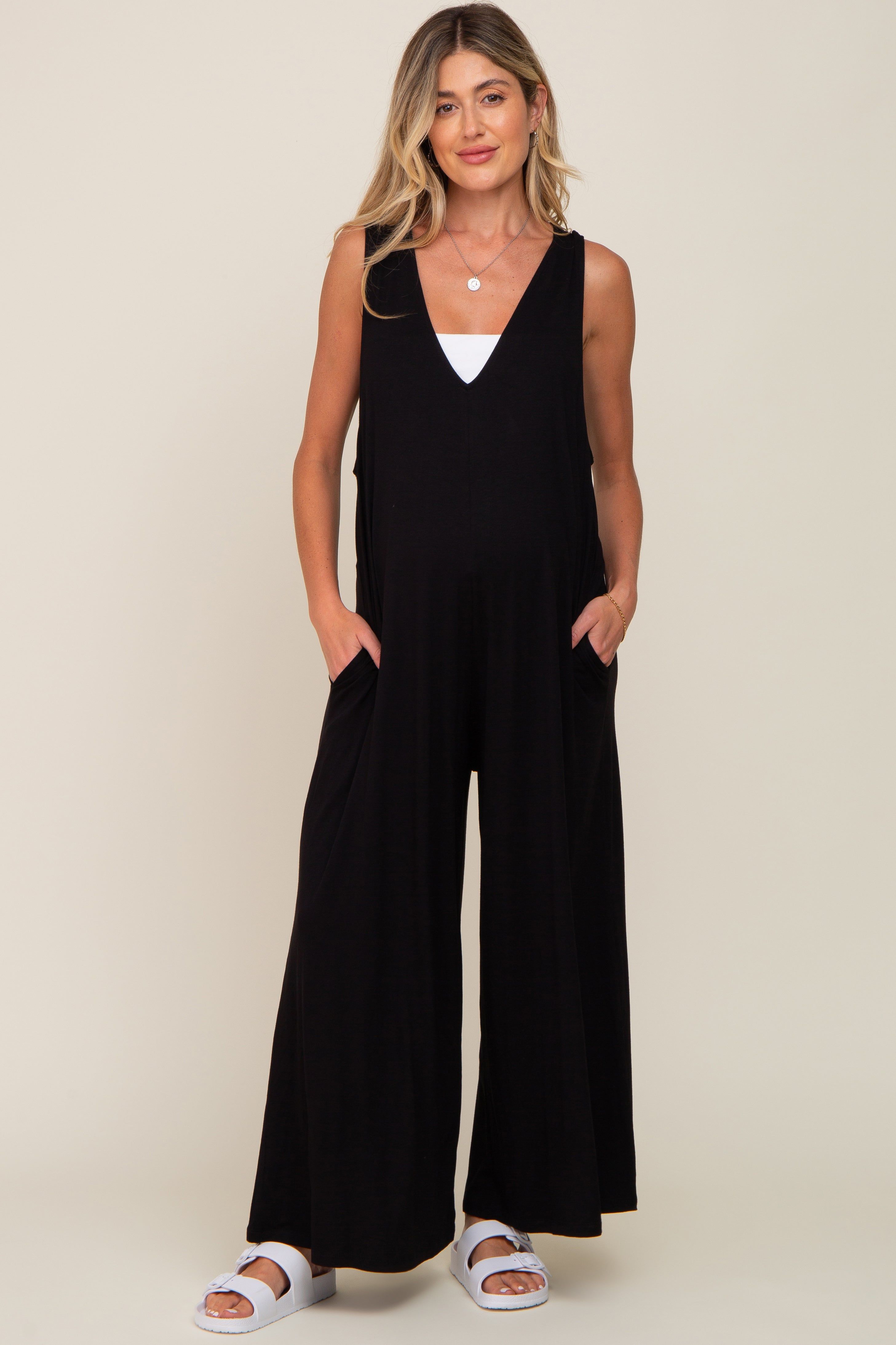Black Deep V Sleeveless Wide Leg Maternity Jumpsuit sold by Pinkblush product image thumbnail 5