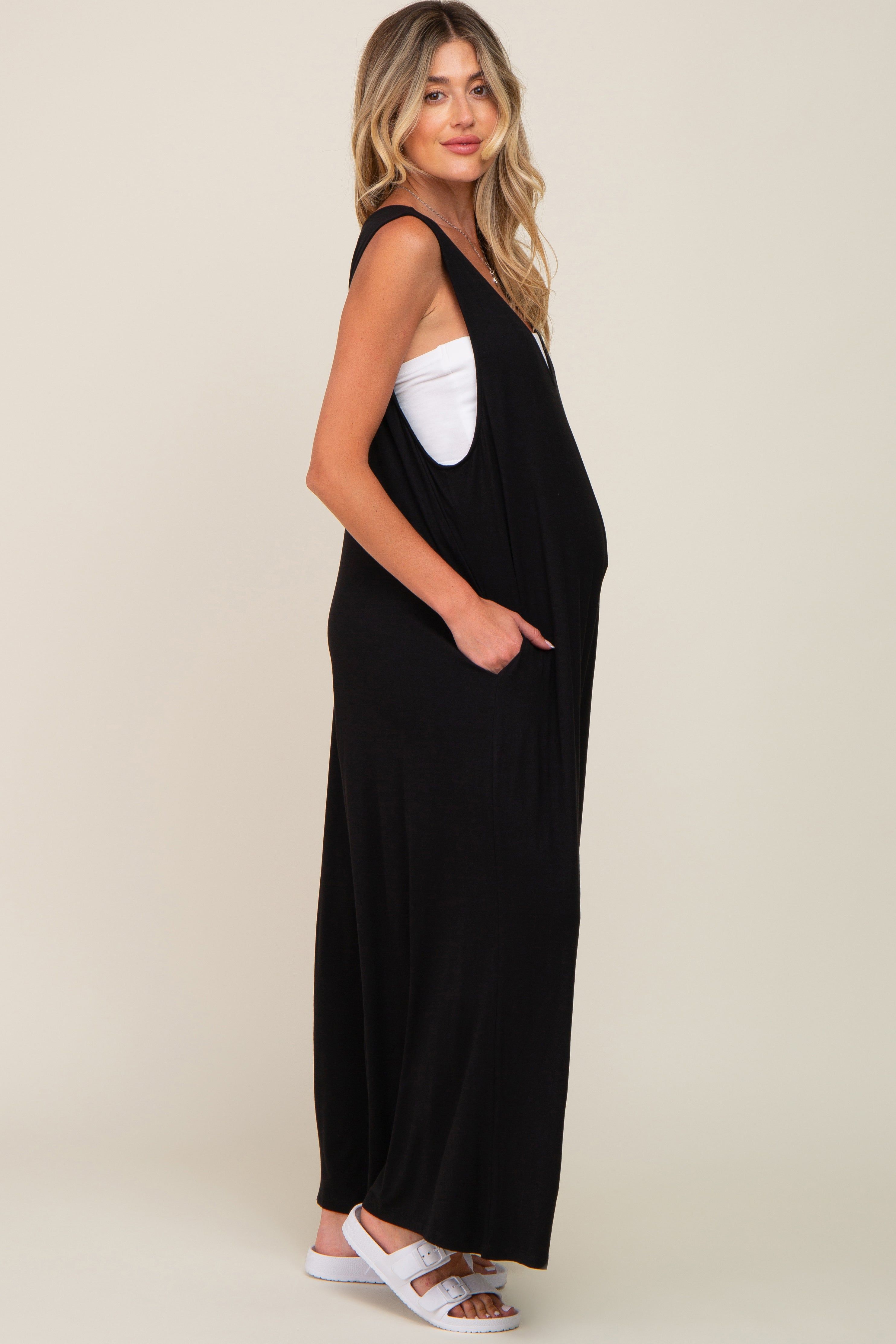 Black Deep V Sleeveless Wide Leg Maternity Jumpsuit sold by Pinkblush product image thumbnail 2