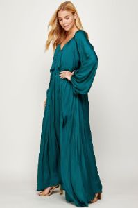 Teal Green Shirred Satin Balloon Sleeve Maxi Dress sold by Pinkblush