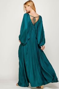 Teal Green Shirred Satin Balloon Sleeve Maxi Dress sold by Pinkblush