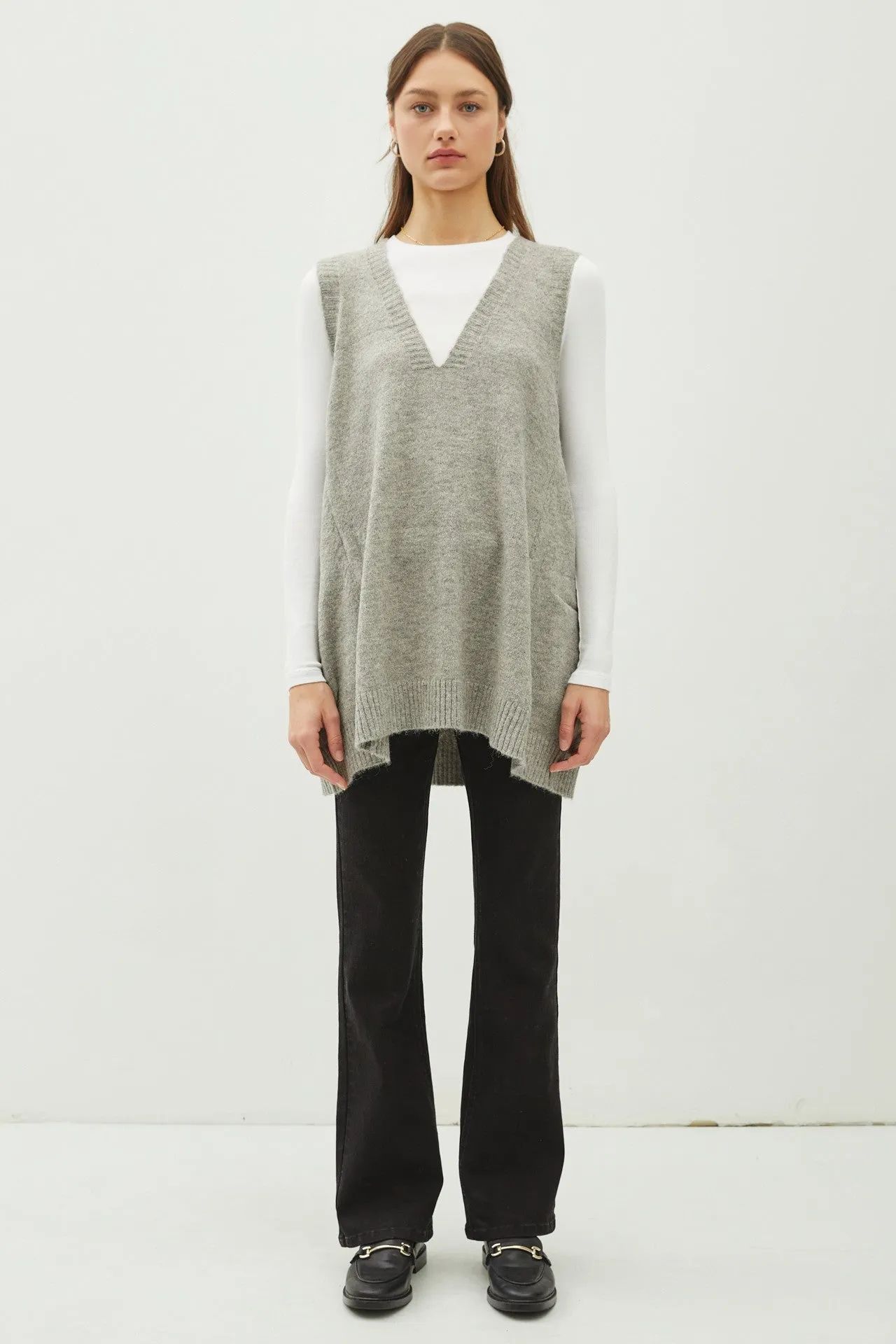 Grey Oversize V-Neck Long Soft Sweater Vest With Pockets sold by Pinkblush product image thumbnail 3