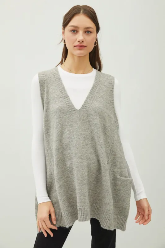 Grey Oversize V-Neck Long Soft Sweater Vest With Pockets sold by Pinkblush