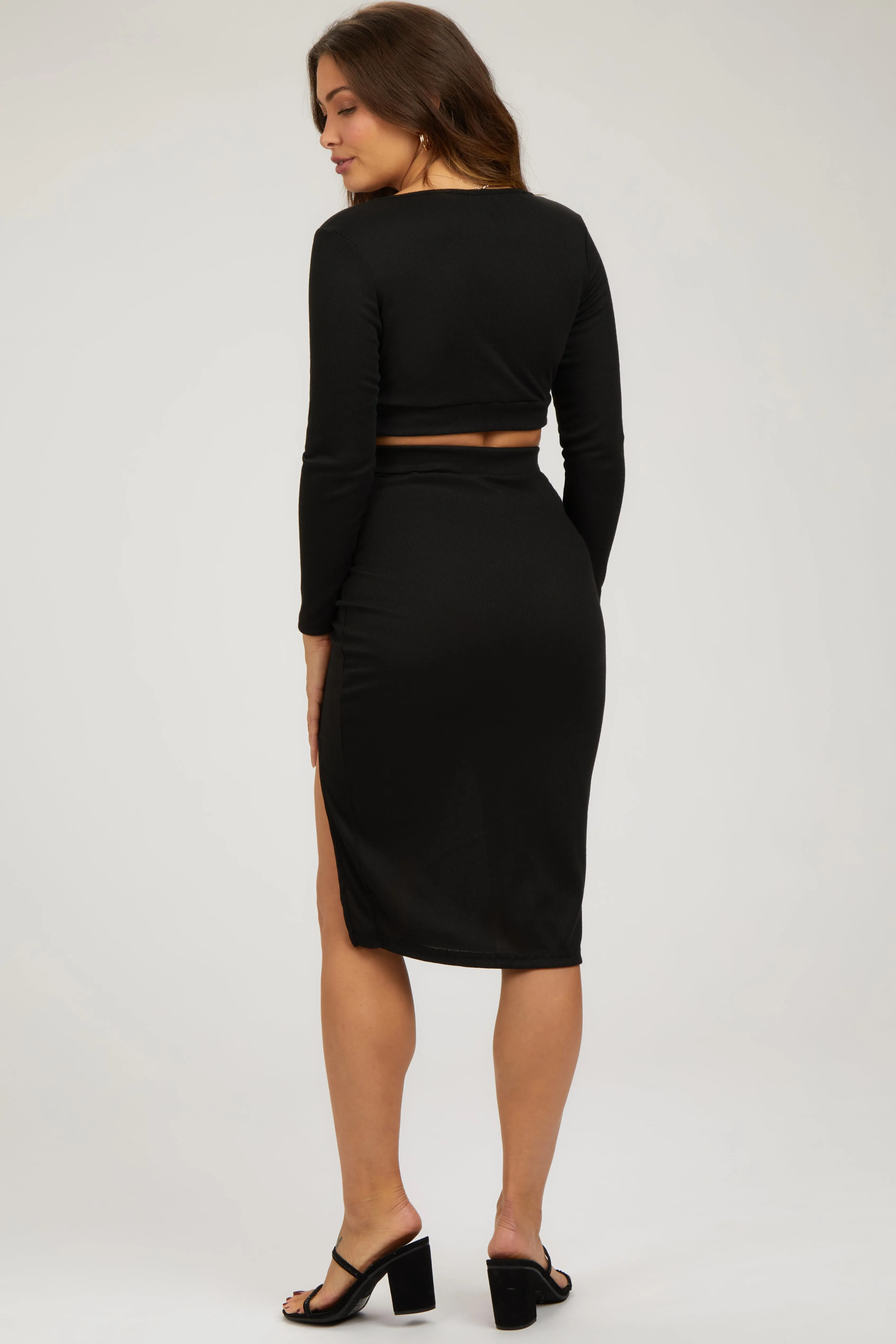 Black Ribbed Long Sleeve Crop Top Maternity Skirt Set sold by Pinkblush product image thumbnail 3