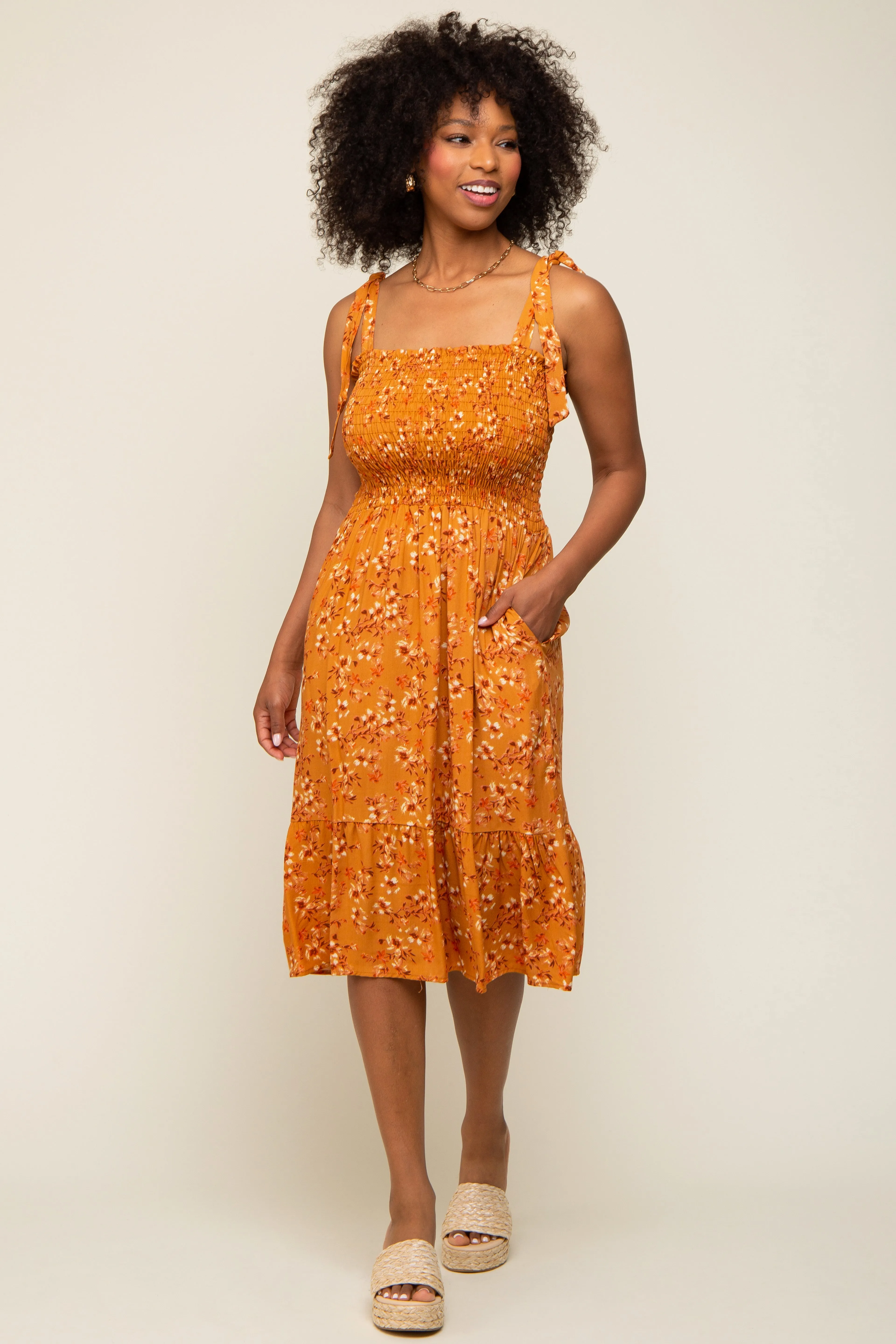 Camel Floral Shoulder Tie Smocked Midi Dress sold by Pinkblush product image thumbnail 4
