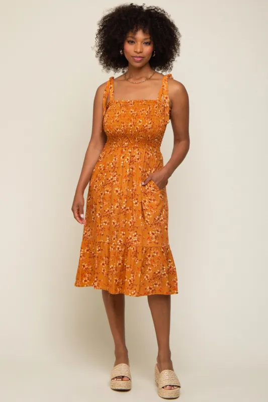 Camel Floral Shoulder Tie Smocked Midi Dress sold by Pinkblush