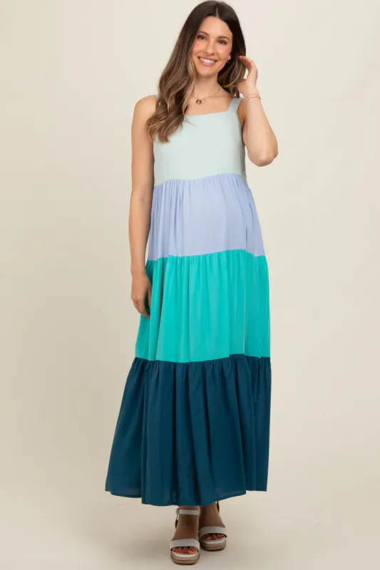 Blue Tiered Colorblock Maternity Maxi Dress sold by Pinkblush