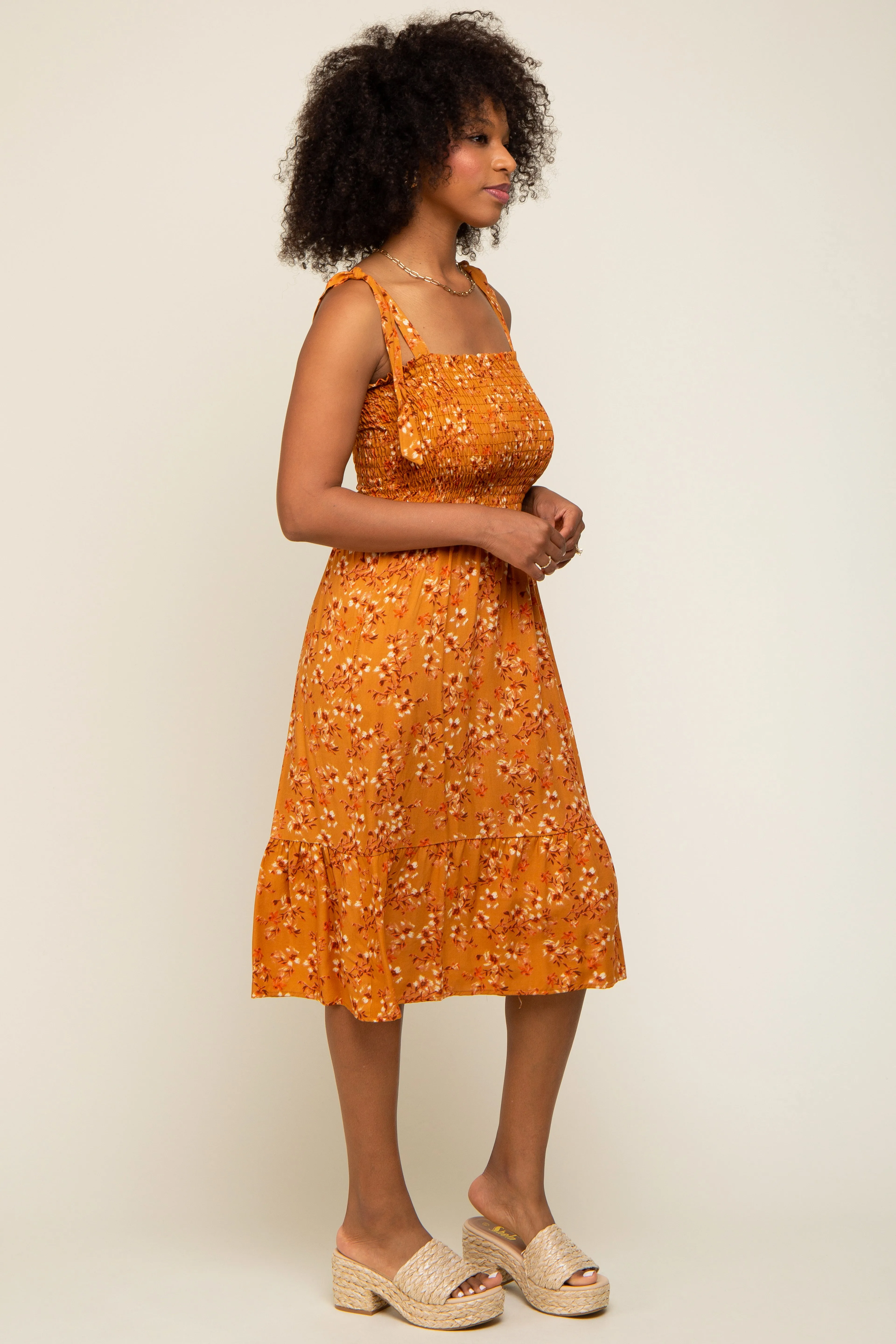Camel Floral Shoulder Tie Smocked Midi Dress sold by Pinkblush product image thumbnail 2