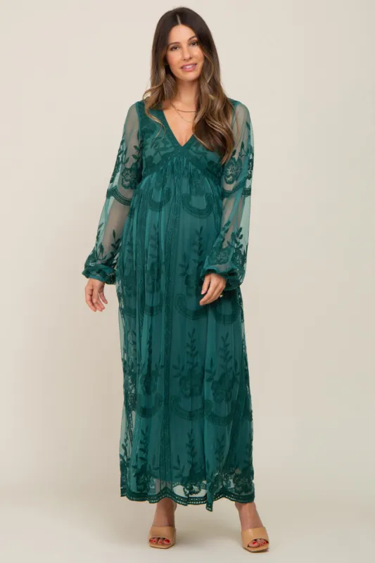 PinkBlush Emerald Green Lace Mesh Overlay Long Sleeve Maternity Maxi Dress sold by Pinkblush