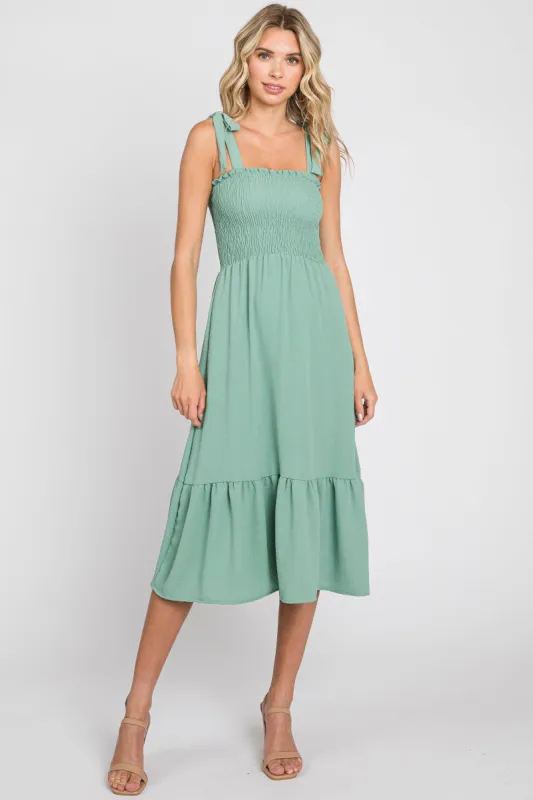 Sage Smocked Shoulder Tie Midi Dress sold by Pinkblush