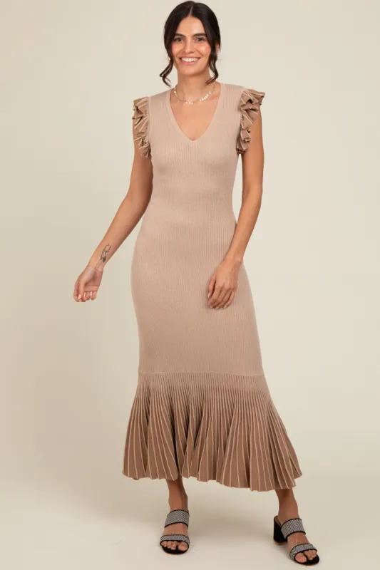 Beige Ruffle Sleeve Mermaid Hem Midi Dress sold by Pinkblush