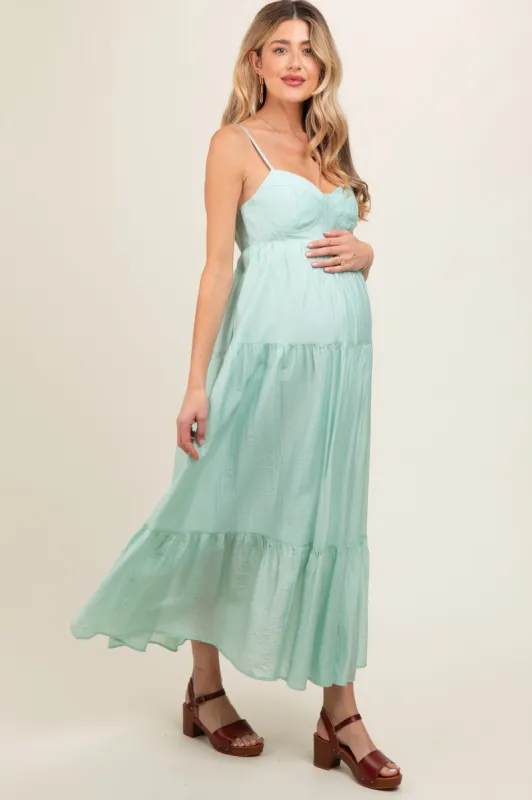 Mint Green Sleeveless Tiered Maternity Maxi Dress sold by Pinkblush