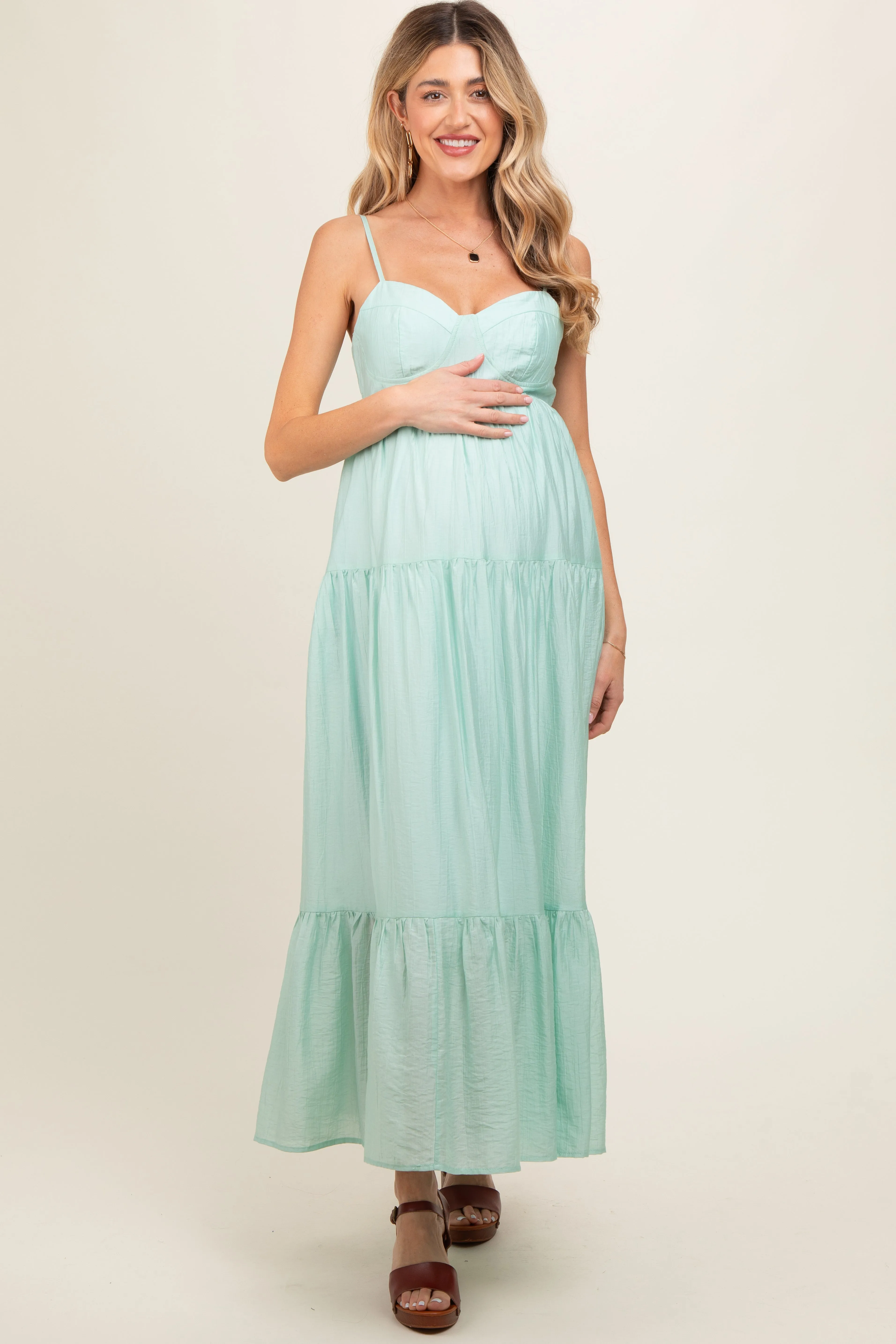 Mint Green Sleeveless Tiered Maternity Maxi Dress sold by Pinkblush product image thumbnail 2