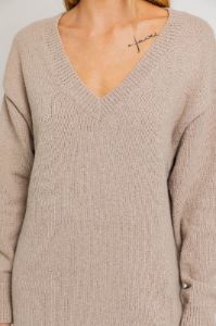 Taupe V-Neck Side Slit Midi Sweater Dress sold by Pinkblush