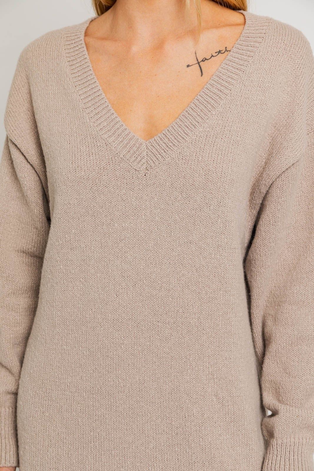 Taupe V-Neck Side Slit Midi Sweater Dress sold by Pinkblush product image thumbnail 5