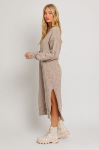 Taupe V-Neck Side Slit Midi Sweater Dress sold by Pinkblush