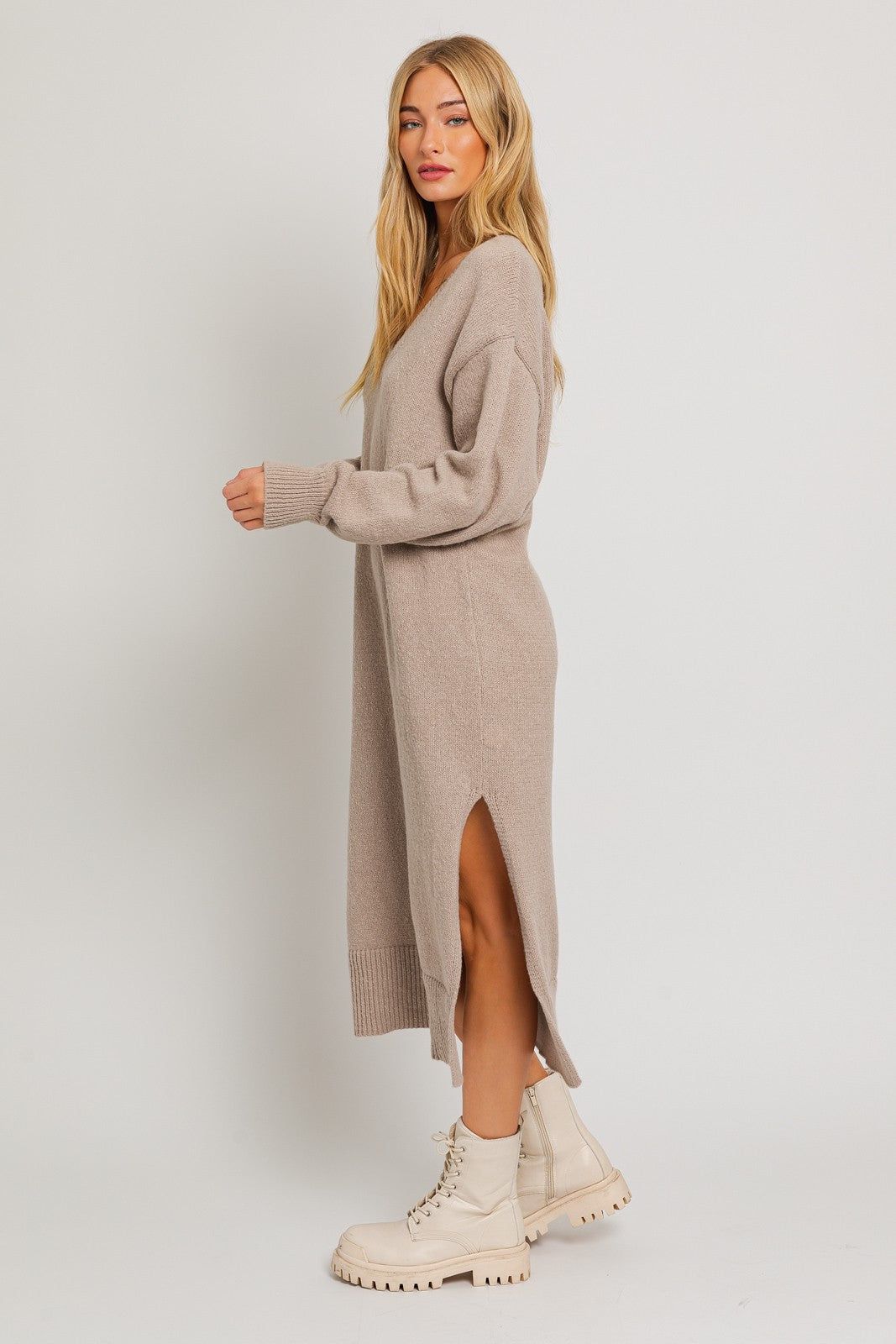 Taupe V-Neck Side Slit Midi Sweater Dress sold by Pinkblush product image thumbnail 2