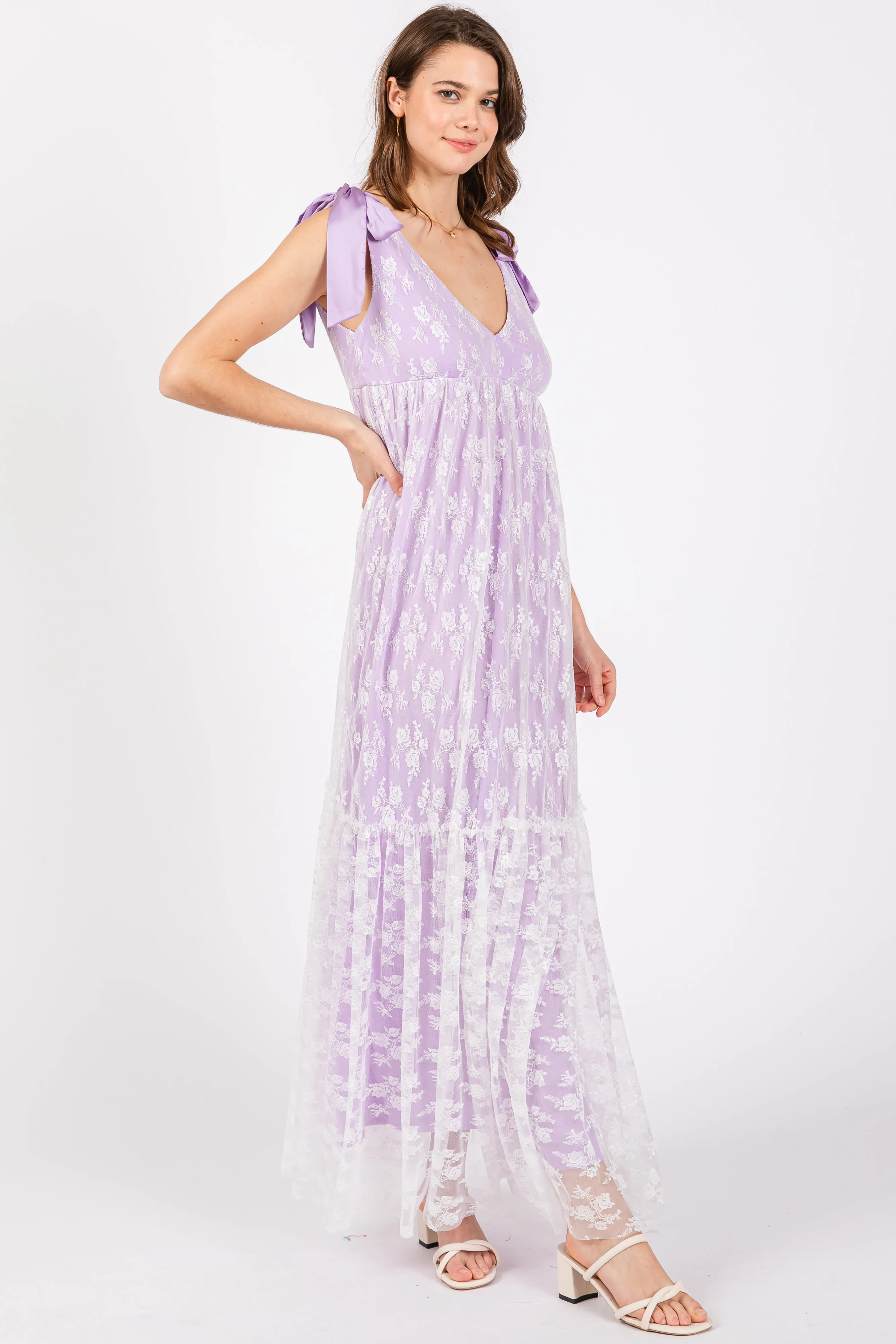 Lavender V-Neck Satin Tie Lace Overlay Maxi Dress sold by Pinkblush product image thumbnail 2