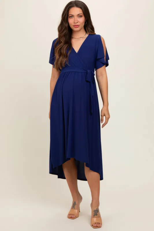 Navy Blue Flutter Sleeve Waist Tie Maternity Nursing Dress sold by Pinkblush