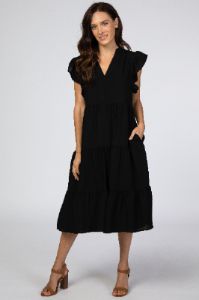Black Tiered Ruffle Sleeve Maternity Midi Dress sold by Pinkblush