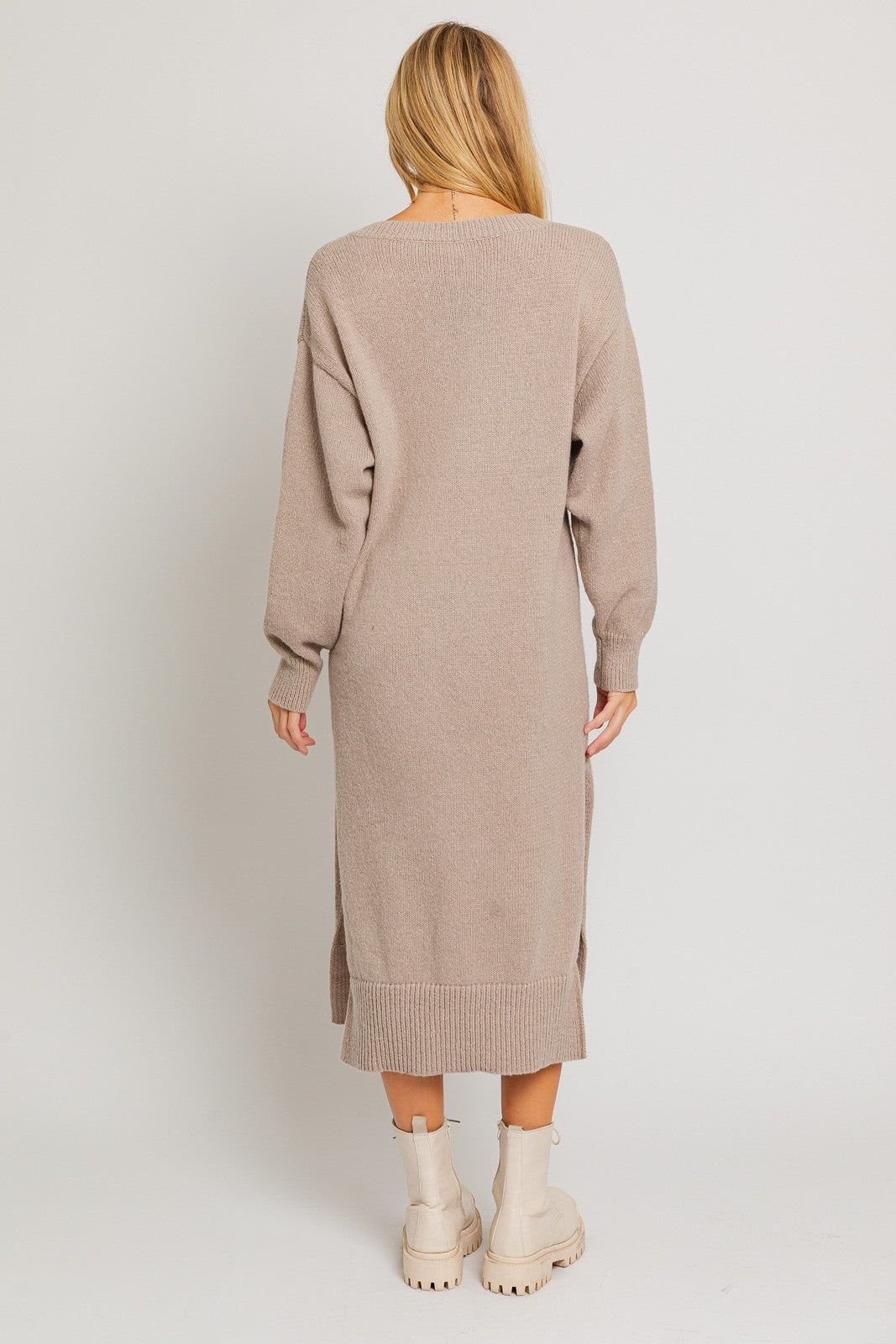 Taupe V-Neck Side Slit Midi Sweater Dress sold by Pinkblush product image thumbnail 3