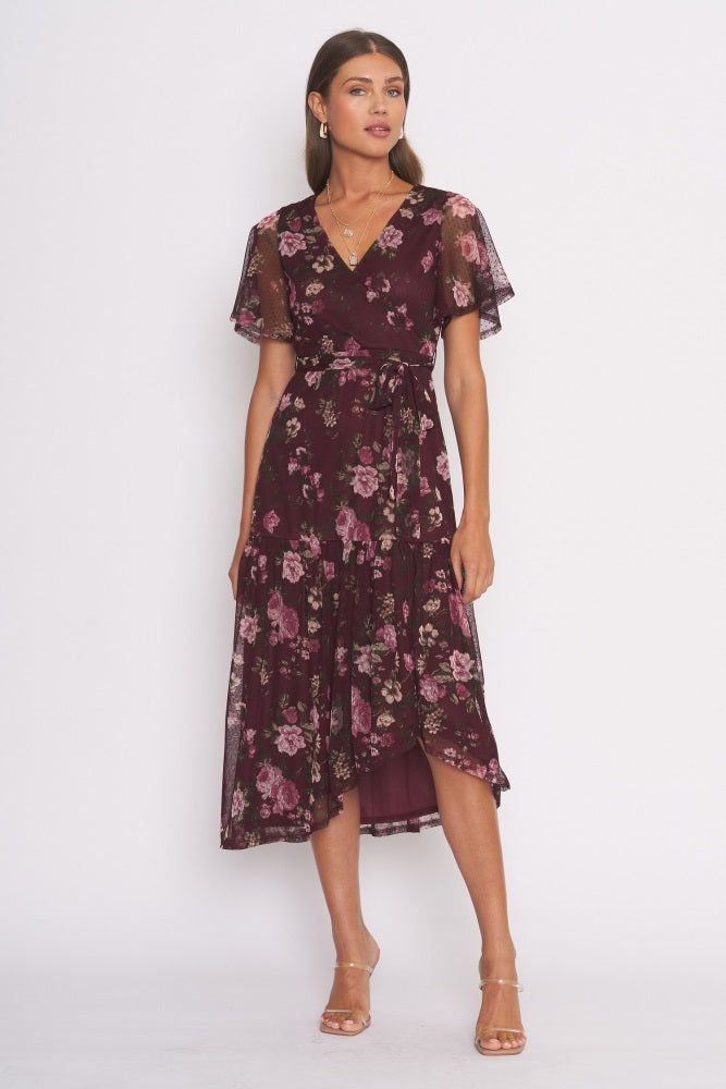 Burgundy Floral Midi Dress sold by Pinkblush