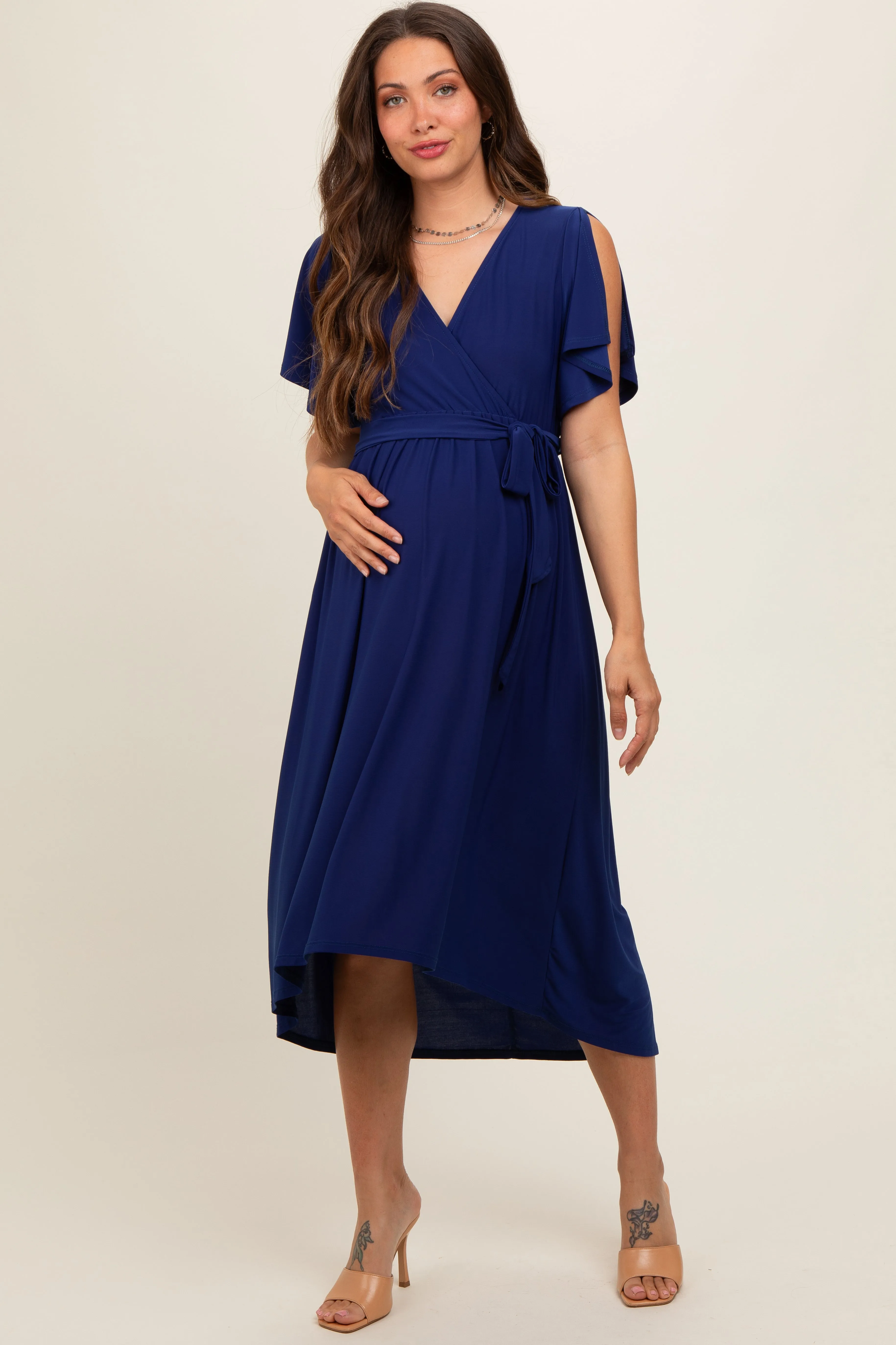 Navy Blue Flutter Sleeve Waist Tie Maternity Nursing Dress sold by Pinkblush product image thumbnail 2
