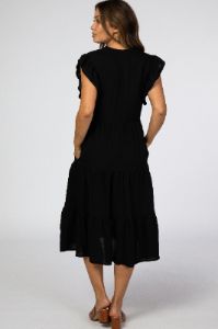 Black Tiered Ruffle Sleeve Maternity Midi Dress sold by Pinkblush