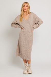 Taupe V-Neck Side Slit Midi Sweater Dress sold by Pinkblush