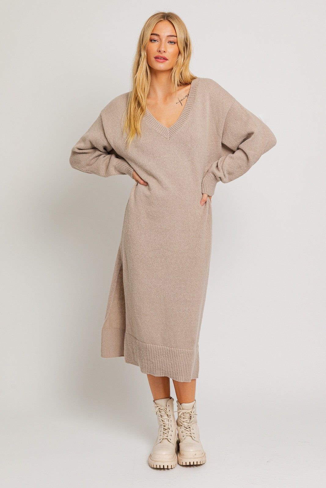 Taupe V-Neck Side Slit Midi Sweater Dress sold by Pinkblush product image thumbnail 4