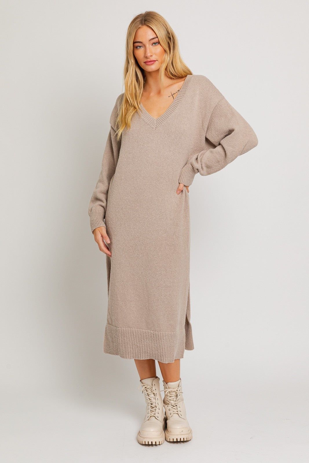 Taupe V-Neck Side Slit Midi Sweater Dress sold by Pinkblush