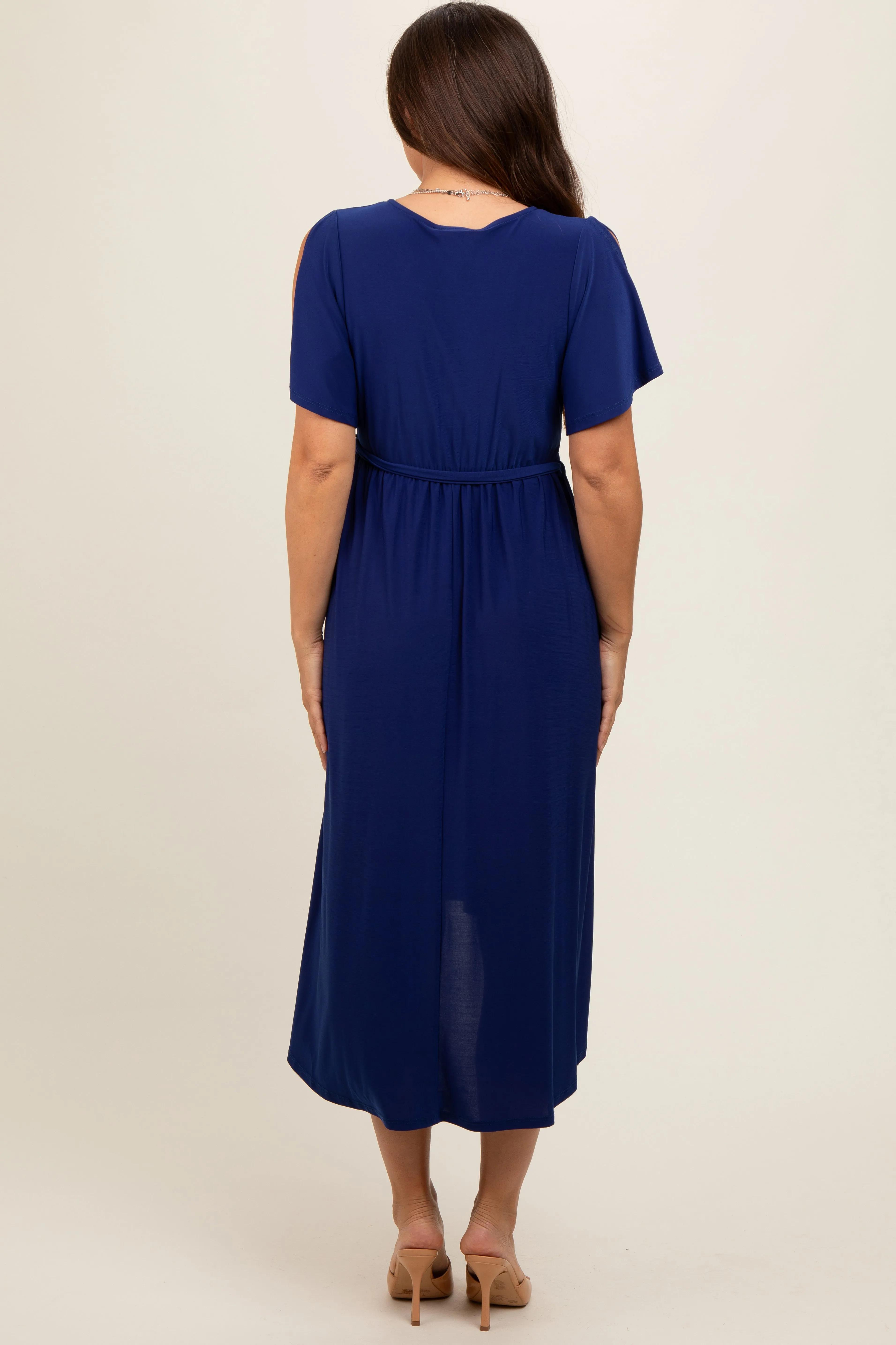 Navy Blue Flutter Sleeve Waist Tie Maternity Nursing Dress sold by Pinkblush product image thumbnail 3
