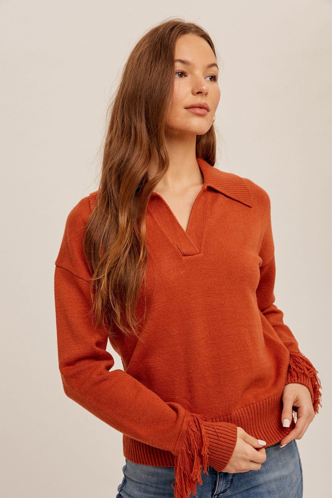 Brick Fringe Detail V Neck Collared Sweater sold by Pinkblush product image thumbnail 2
