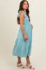 Light Blue Smocked Tie Strap Tiered Maternity Midi Dress sold by Pinkblush