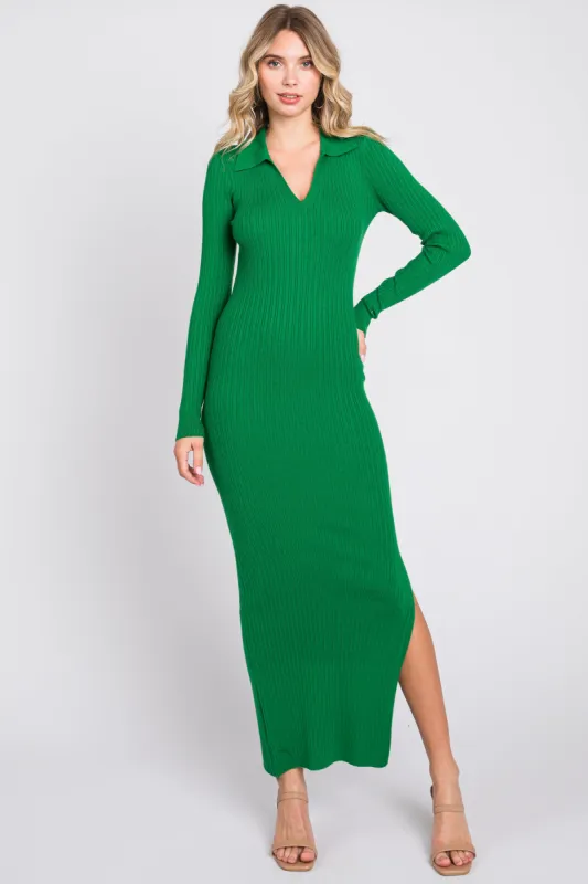 Green Rib Knit Collared Maxi Dress sold by Pinkblush