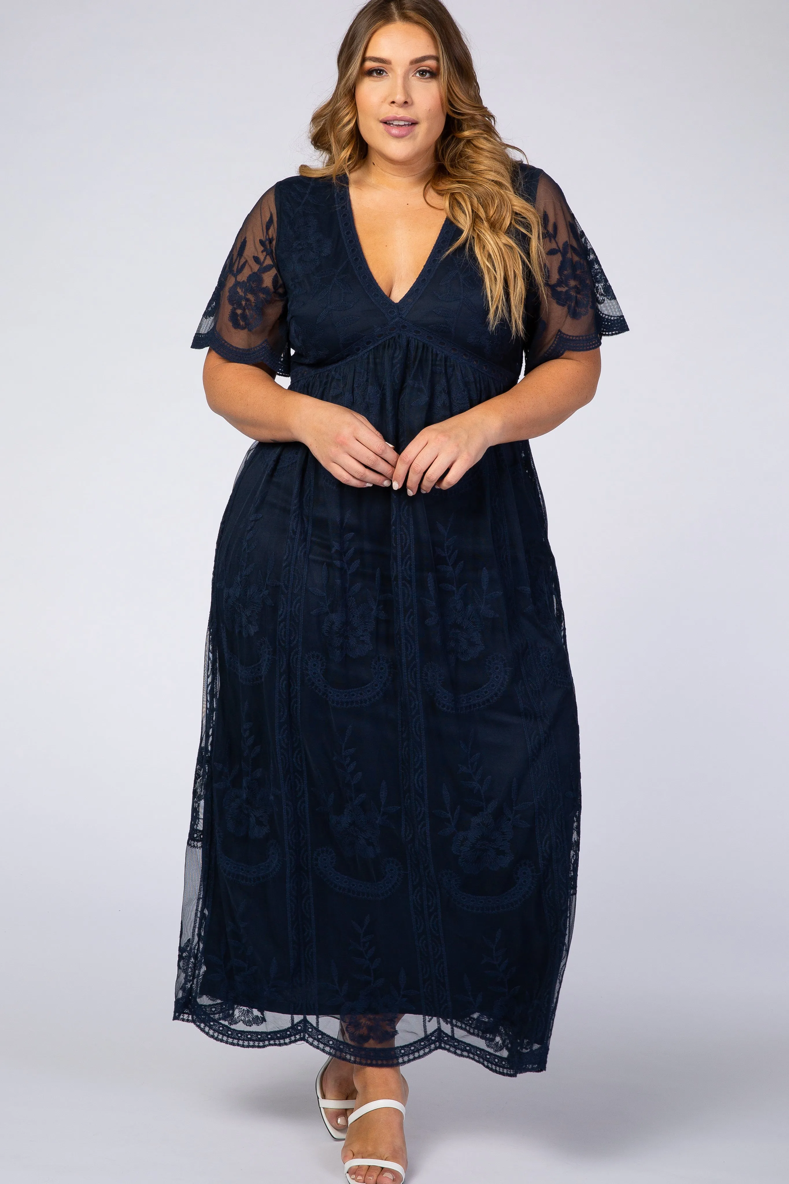 PinkBlush Navy Lace Mesh Overlay Plus Maxi Dress sold by Pinkblush