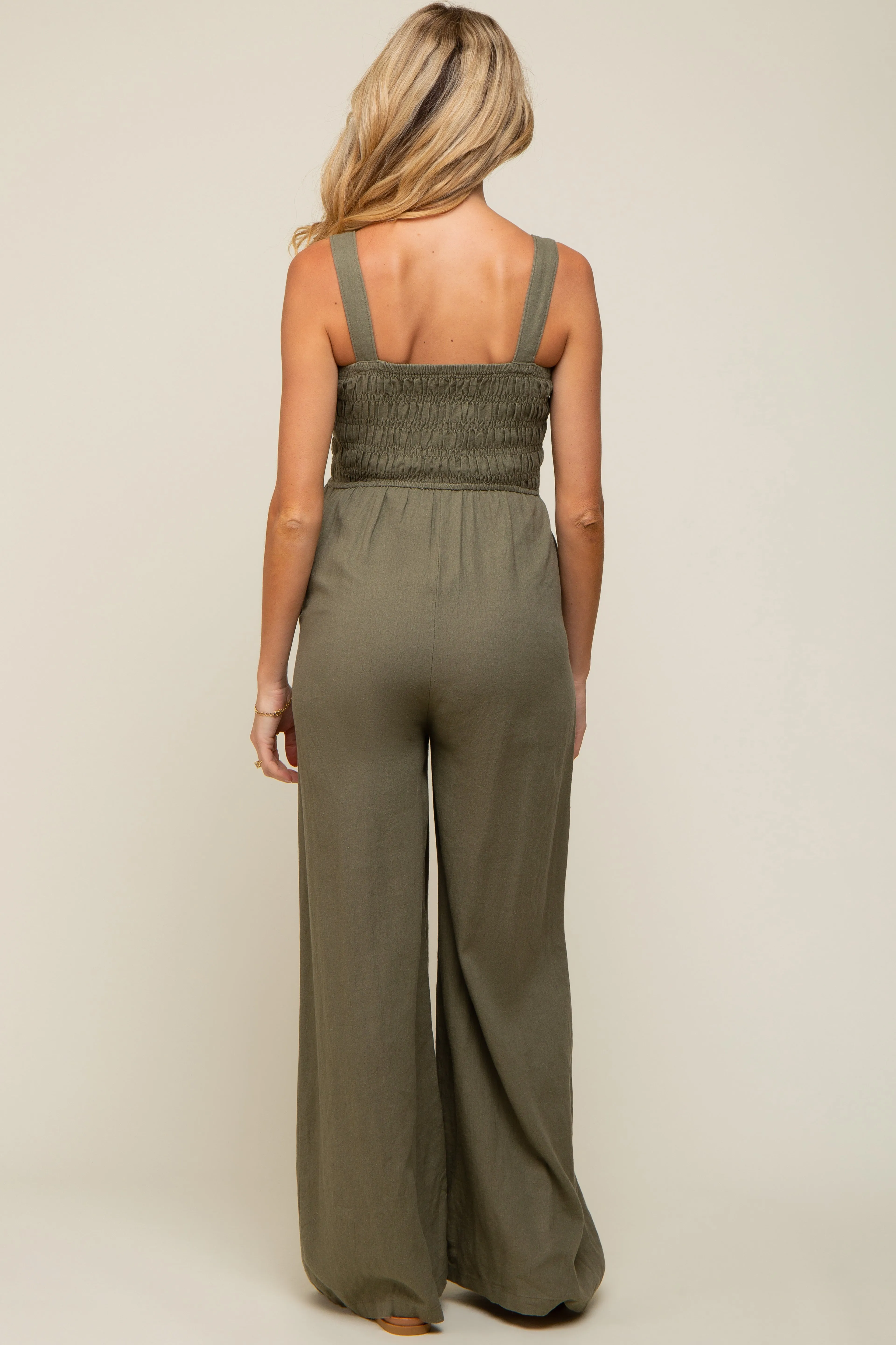 Olive Smocked Button Accent Linen Maternity Jumpsuit sold by Pinkblush product image thumbnail 3