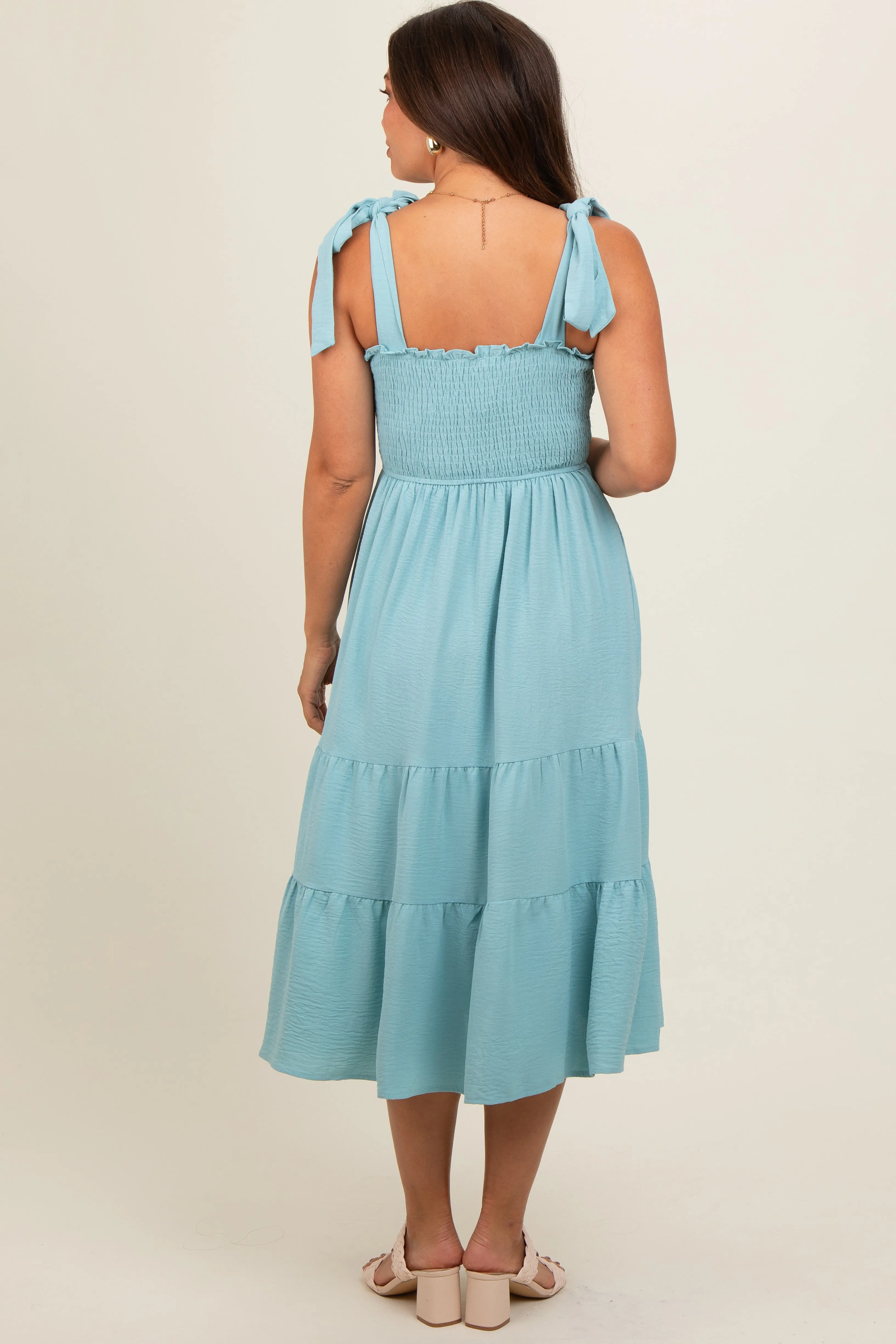 Light Blue Smocked Tie Strap Tiered Maternity Midi Dress sold by Pinkblush product image thumbnail 4