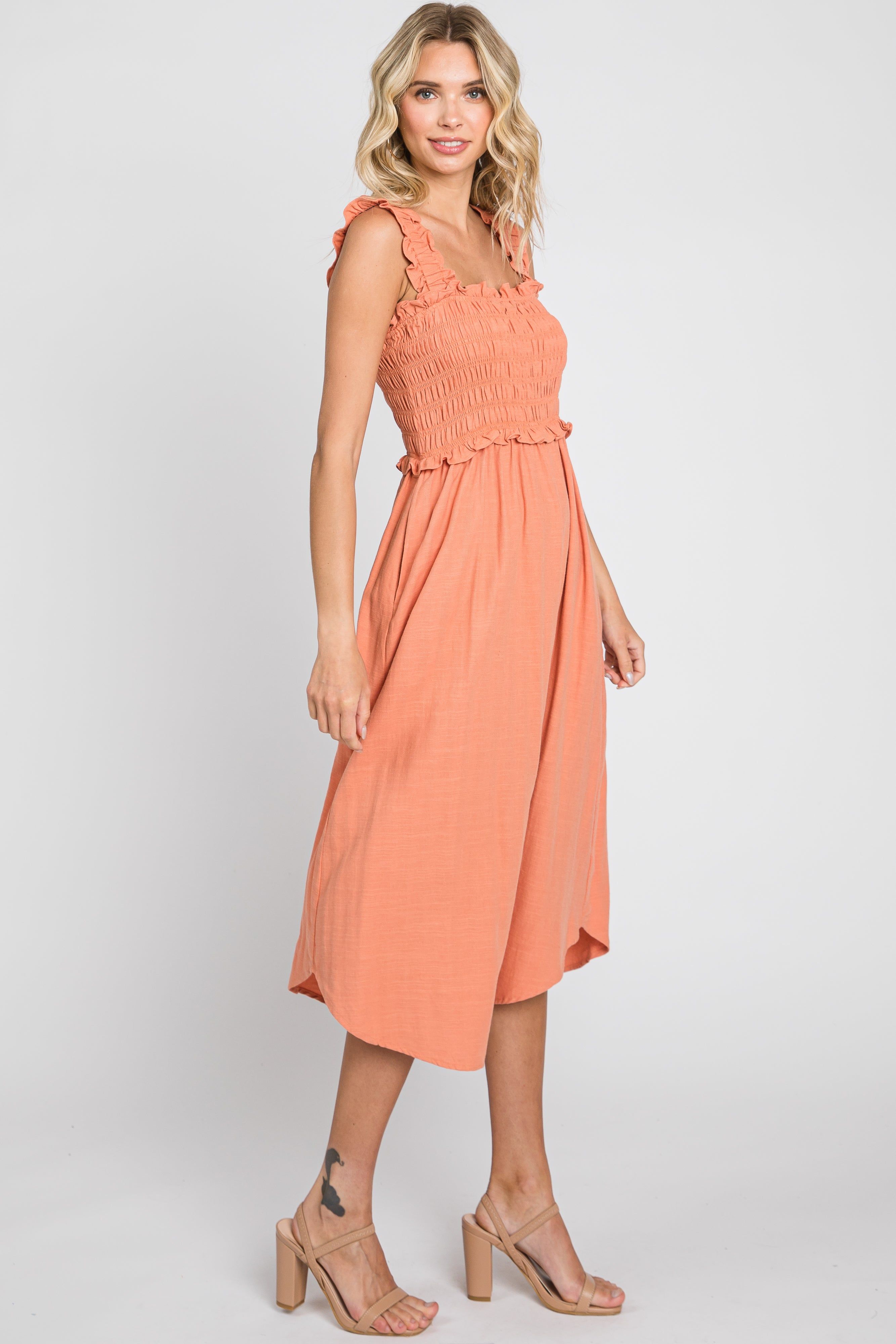 Peach Square Neck Smocked Sleeveless Midi Dress sold by Pinkblush product image thumbnail 2