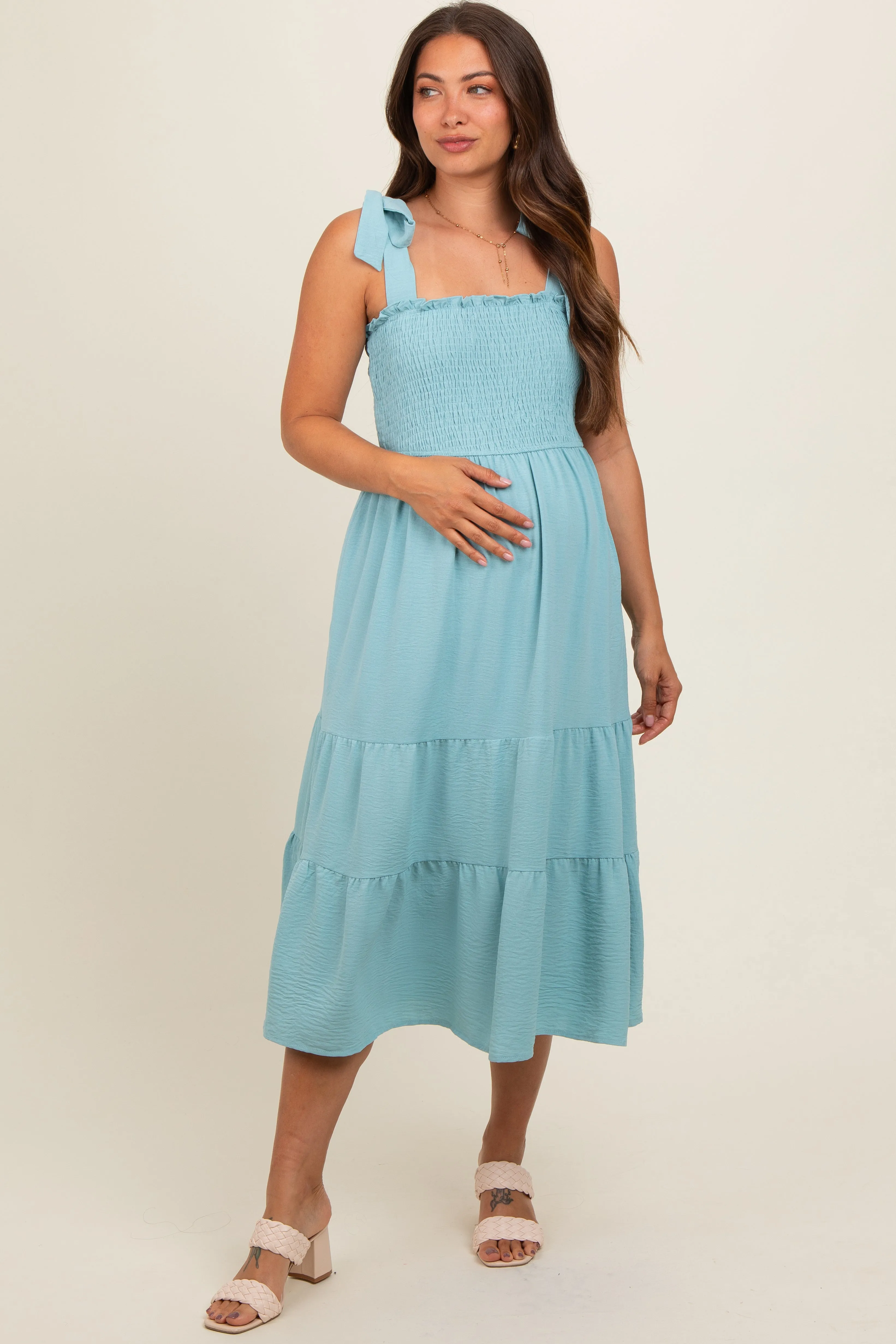 Light Blue Smocked Tie Strap Tiered Maternity Midi Dress sold by Pinkblush