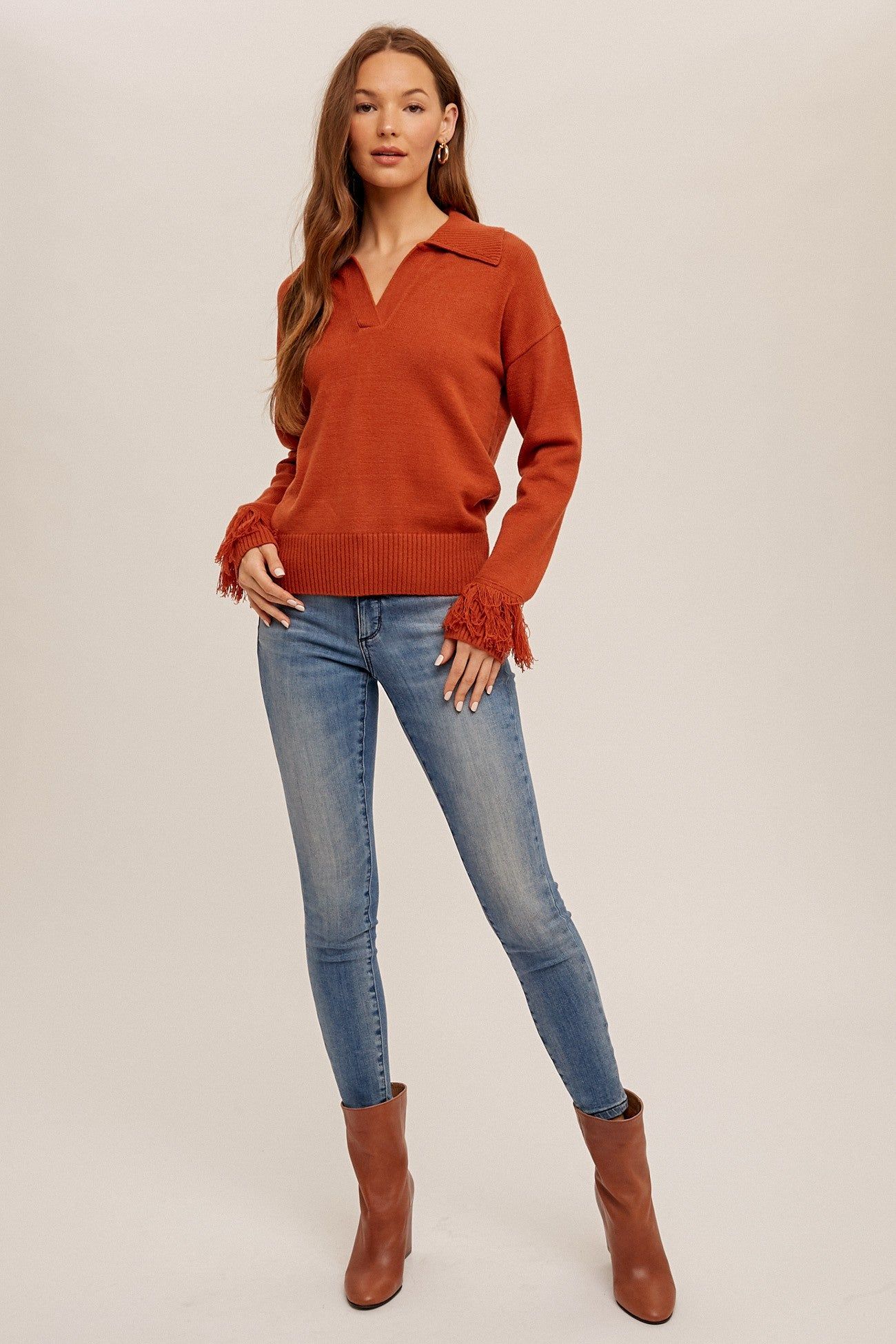 Brick Fringe Detail V Neck Collared Sweater sold by Pinkblush product image thumbnail 4