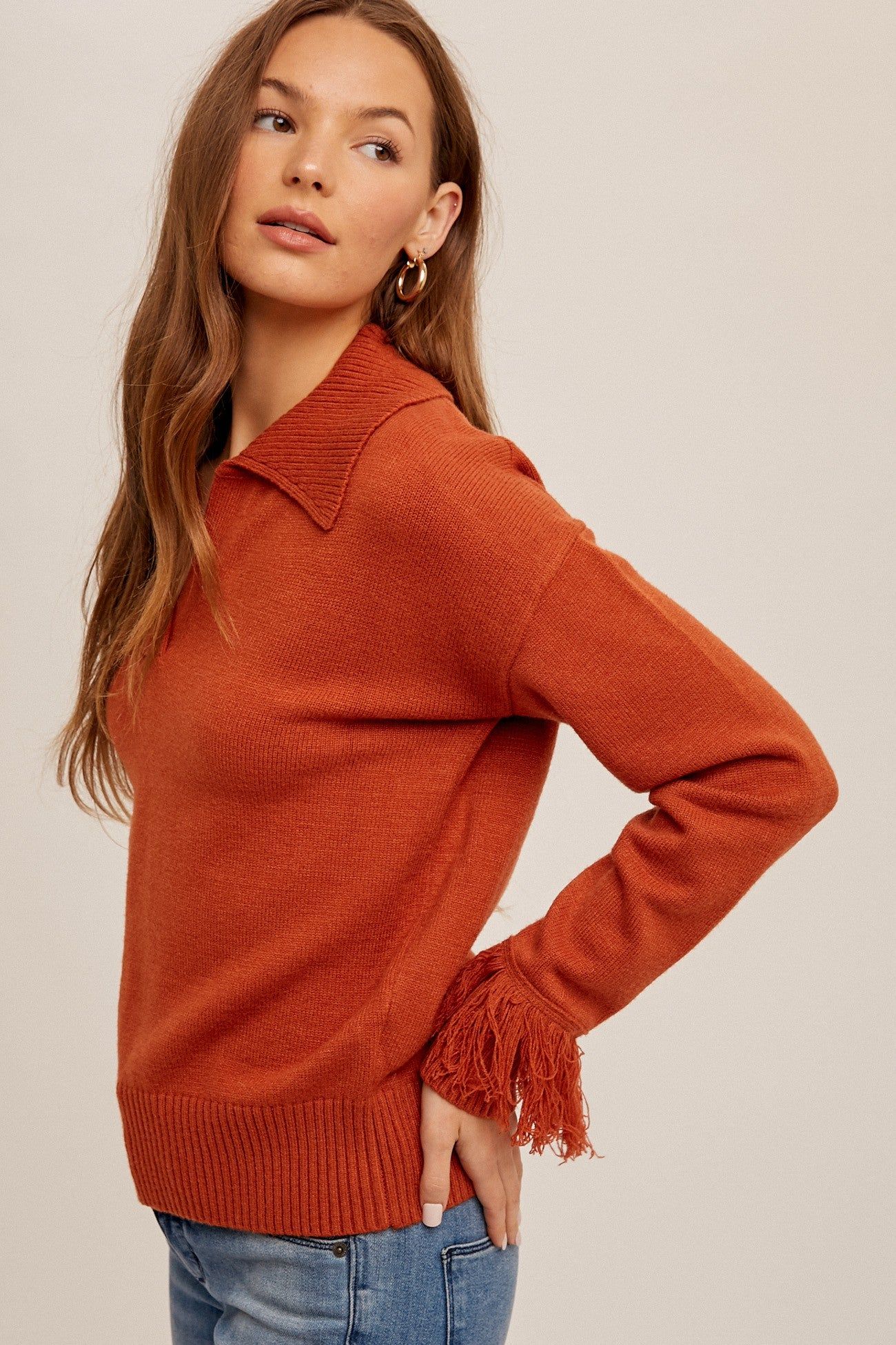 Brick Fringe Detail V Neck Collared Sweater sold by Pinkblush