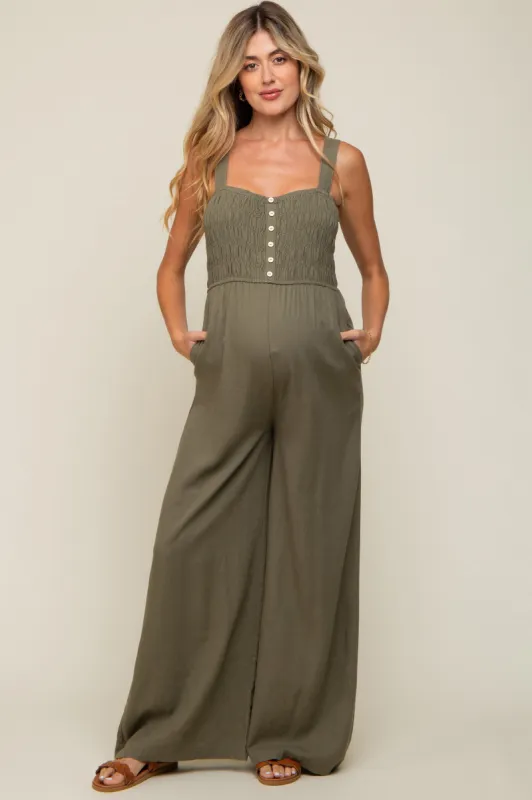Olive Smocked Button Accent Linen Maternity Jumpsuit sold by Pinkblush