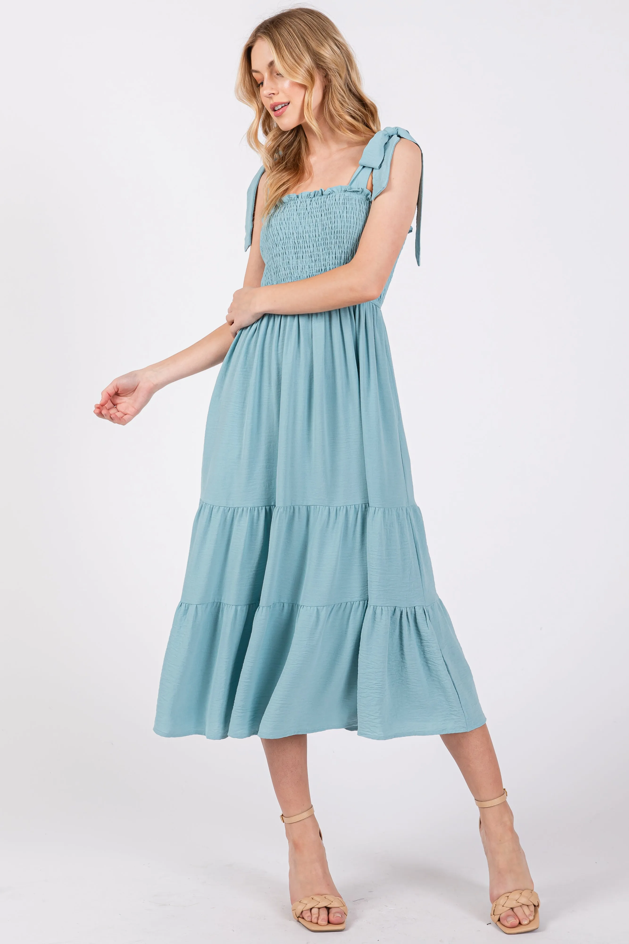 Light Blue Smocked Tie Strap Tiered Maternity Midi Dress sold by Pinkblush product image thumbnail 5