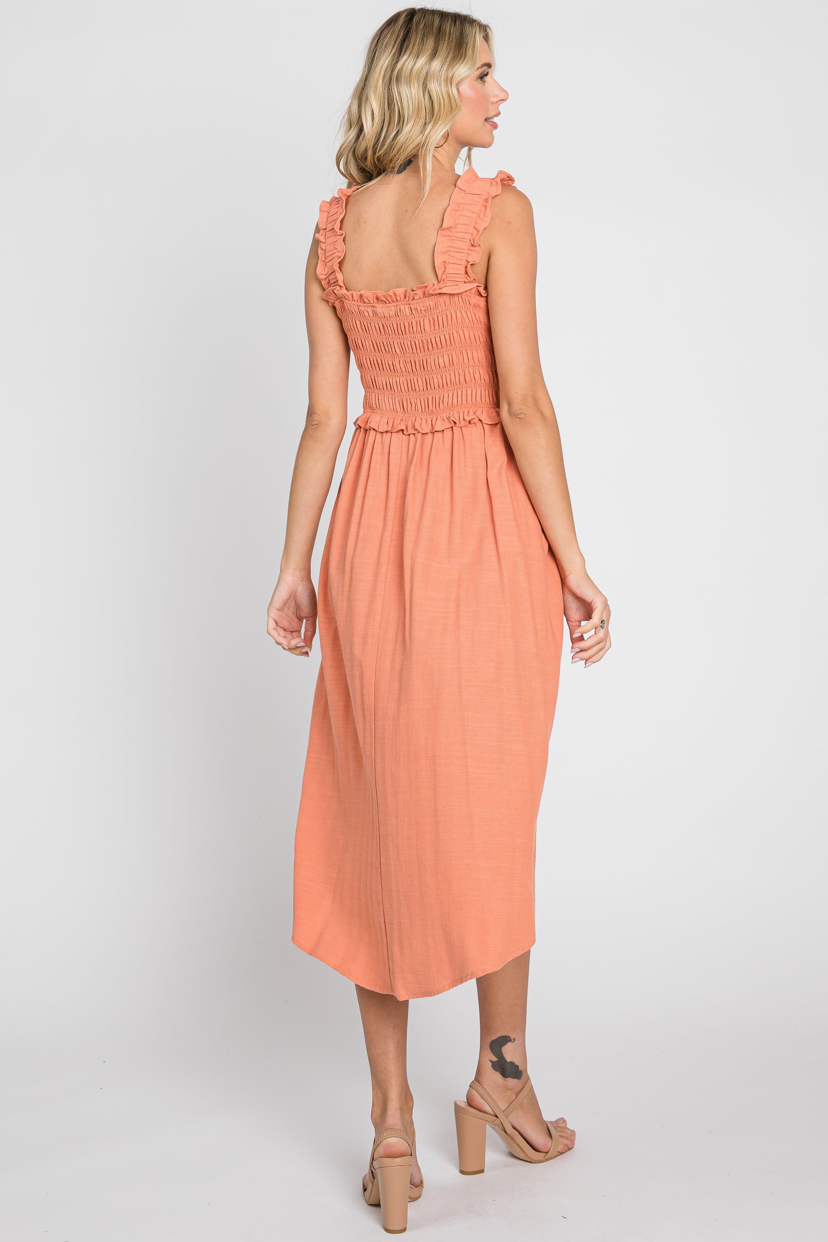 Peach Square Neck Smocked Sleeveless Midi Dress sold by Pinkblush product image thumbnail 3