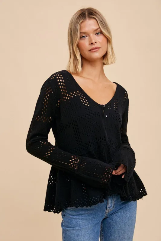 Black Pointelle Knit Peplum Sweater sold by Pinkblush