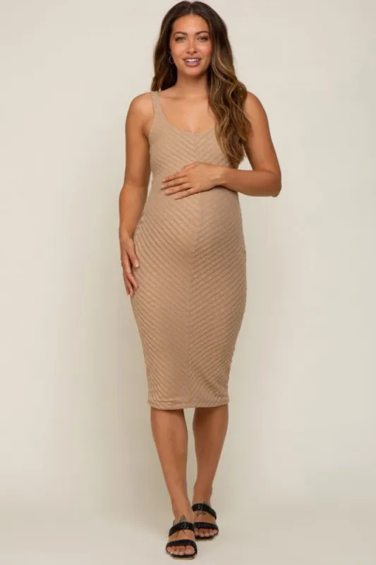 Taupe Textured Knit Sleeveless Maternity Midi Dress sold by Pinkblush