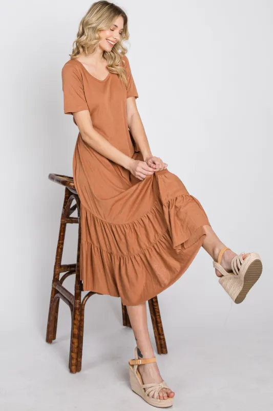 Camel Ruffle Accent Midi Dress sold by Pinkblush